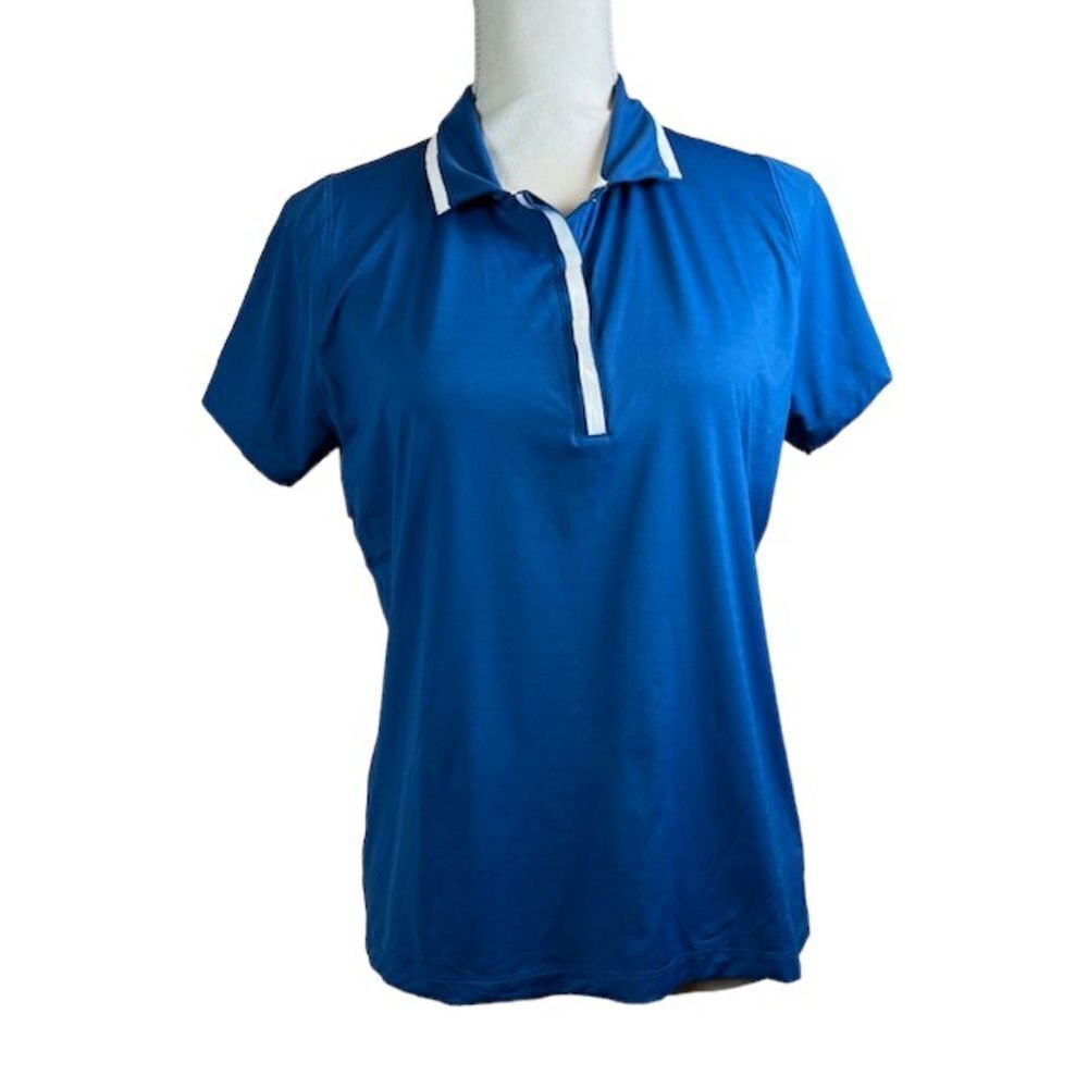 Slazenger Women's Blue pin tuck back golf polo shirt White detail hidden snaps M